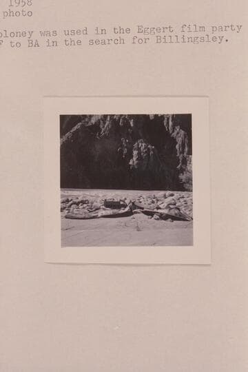 Hatch's boloney on the beach at Bright Angel Creek. This boloney was used in the Eggert film party and taken down from Lees Ferry to Bright Angel in the search for Billingsley