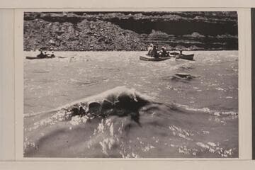 Riding the San Juan below Zahn's Camp. Frost Expedition: John A. Frost, Frank E. Frost and Britton Coll