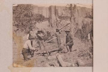 The entire crew of the Major Powell cutting wood for the boilers on one of the bottoms