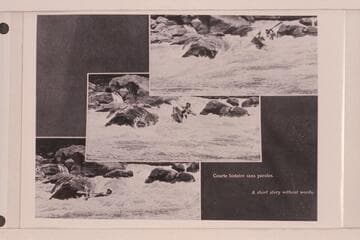 Kayak operation with the French Trio.  The scene appears to be at the foot of Triplett Falls in the Canyon of Lodore