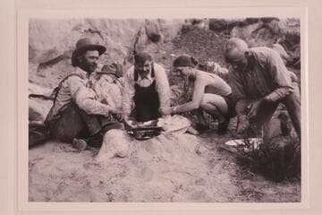 Assembling boats and camp.  Hite.  Second from left is Loper.  Third from left is Sarah Fraser.  Fourth from left is Dave Rust??