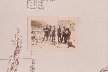 Members of the crew of the 1932 Swain-Hatch party.  It was an eight-day cruise from near Smiths Fork to Jensen starting about Sep. 04.  Print from 1934 Eddy album inscribed on the reverse:  Whorlpool Canyon