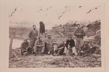 Eddie McKee is third from right. Caltech party camped with Buzz Holmstrom. Below and opposite Travertine Creek. Frank Dodge; Johnny Maxson; Ian Campbell; Merrill Spencer; Buzz Holmstrom; Eddie McKee; Bob Sharp; John Stark