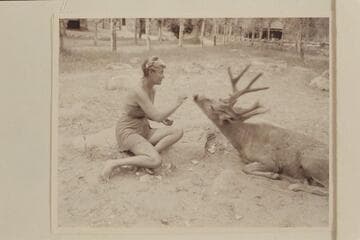 Margaret Marston and the tame buck at Phantom Ranch