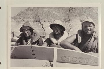 Crew of the "Cactus." Willie Taylor; Jorgen Visbak; Bill Belknap. Grand Canyon traverse of 1954, June. Gods Pocket, Lake Mead