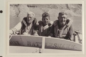 Crew of the "Rattlesnake." Grand Canyon traverse of 1954, June. Joe Desloge; Hugh Cutler; Rod Sanderson. Gods Pocket, Lake Mead