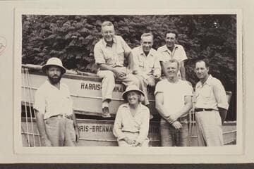 The Harris-Brennan party at Boulder City after completion of the run through Grand Canyon in 1951, July. On boat: Charles L. Fetzner, Jack Brennan, Don Harris. Below: Al Morton, Lou Fetzner, Jack McKeller, LeRoy Sessions