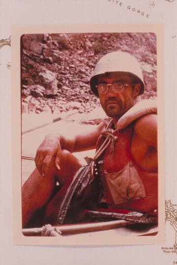 Les Jones near the end of his transit of the Grand Canyon in October, 1963.  About Mile 232.  Photo captioned:  M239 After Separation