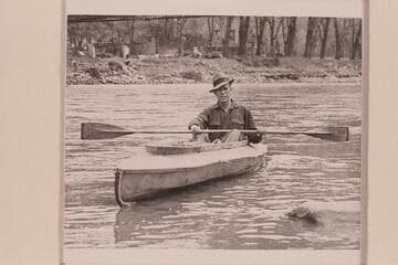 Harold H. Leich in his folding kayak, "Rob Roy." Leaving Glenwood Springs