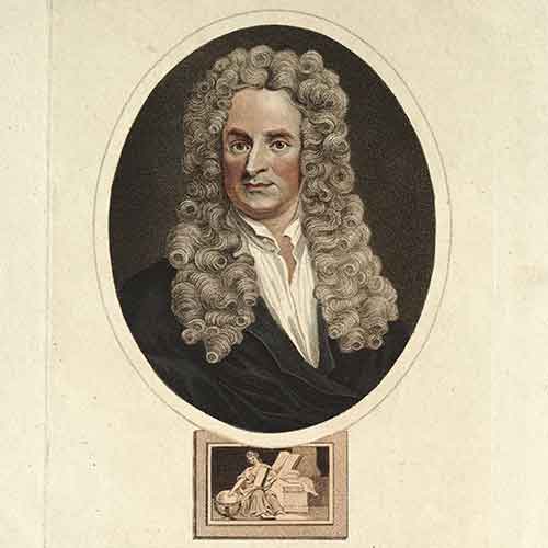 Illustration of Isaac Newton (1643–1727) in Encyclopaedia Londinensis, or Universal dictionary of arts, sciences & literature . . . compiled, digested, and arranged by John Wilkes . . . assisted by eminent scholars, London, Adlard, 1810–29. The Grace K. Babson Collection of the Works of Sir Isaac Newton at The Huntington Library, Art Museum, and Botanical Gardens.