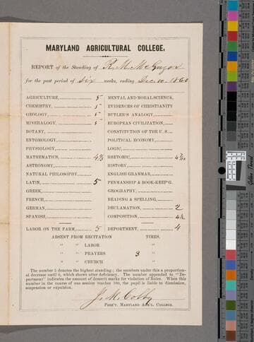 Maryland Agricultural College report of the standing of R.M. McGregor, 1860