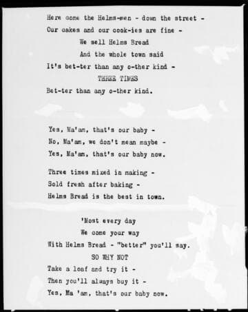 Promotional lyrics for Helms Bakery song