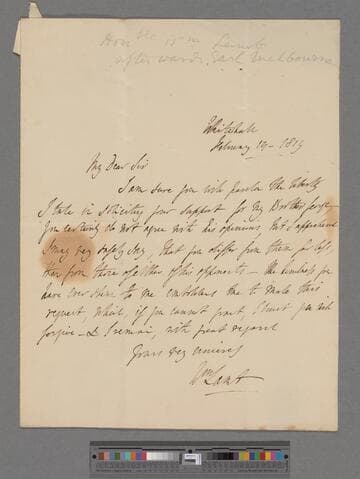 Lamb, William, 2nd Viscount Melbourne of Kilmore. Letter to Matthew Montagu, 4th Baron Rokeby