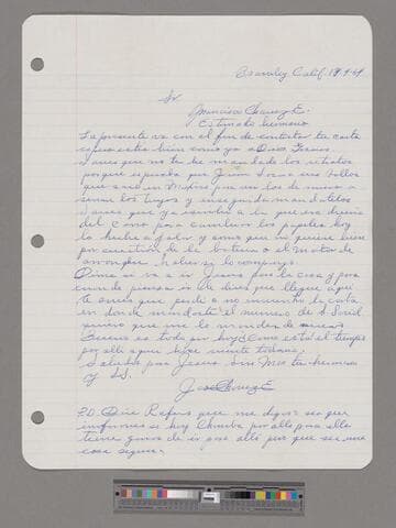 Letter from José Chávez Esparza (Brawley, California) to Paco Chávez Esparza (San José, California)