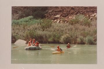 Two kayaks and the inflated unit supporting them. At foot of Dubendorff Rapid