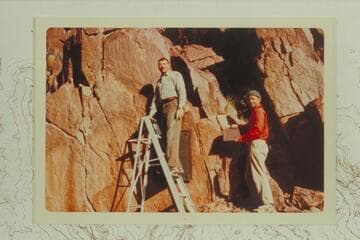 Jim Bailey and Harvey Butchart (holding the 1934 plaque) prior to the plaque replacement at Separation Canyon
