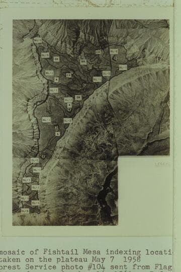 Aerial mosaic of Fishtail Mesa indexing location of various photos taken on the plateau. Photo sent from Flagstaff Station by Donald A. Jameson 1962, Oct. 16; Ref. 4210