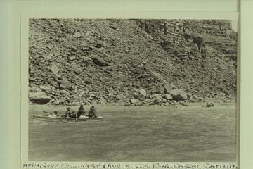 Evie Mull in the bow; Nevills at the oaks. Nancy Streator and Anne Eisaman on the after deck. The outboard motored Bureau of Reclamation boat is ahead