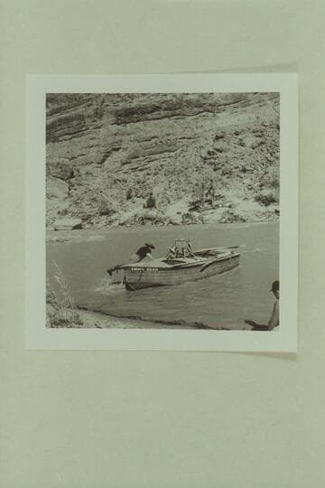Dan Sheridan, playing Jack Sumner in the Disney filming of "The Colorado River Story," jumps into the "Emma Dean" to go to the rescue of Goodman and Hawkins. Near Castle Creek above Moab