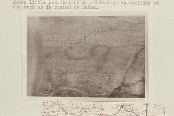 Antoine Robidoux inscription on the Book Cliffs at the mouth of Westwater Creek Canyon. Note that the middle letter in the last word is a Y and shows little possibility of alteration by spalling of the rock as is stated by Hafen
