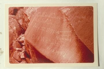 Best Expedition inscription on boulder 100 ft. from edge of river at low water. G. M. Wright's inscription is dated 1892 and he was not with the Best party