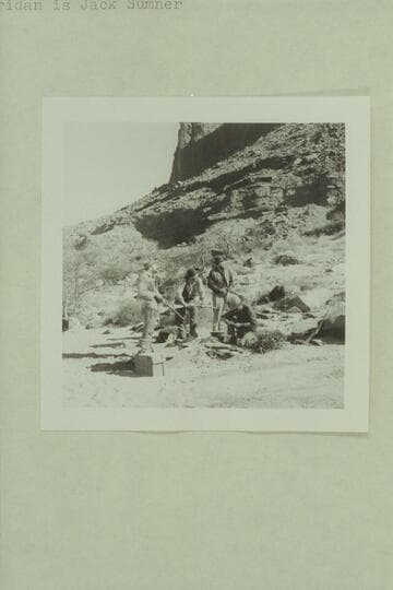 The Powell crew in the Disney filming of "The Colorado River Story" above Moab. Brian Keith is playing Bill Dunn. Stan Jones is Senaca Howland. Bob Armstrong is Oramel Howland. Dan Sheridan is Jack Sumner