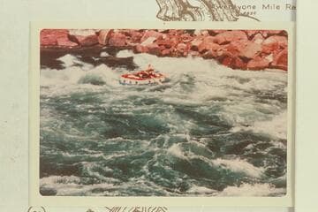 Action in Marble Canyon during cruise by Ed Herrman, Howard Booth, and Jorgen Visbak in small inflated units
