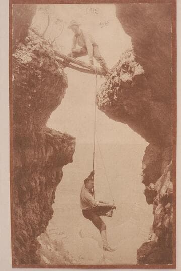 Ellsworth and Emery Kolb in some monkeyshines. Photo used extensively to illustrate the difficulties in Grand Canyon photography. Emery is on the rope