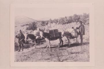 Arthur O. McCormick, left, and his brother, James, with their burro train on the trek from Denver to Seattle. Taken between Kremmling and Eagle, Colorado. Center burro carries photographic gear