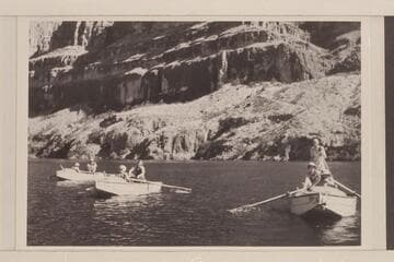 The Clover-Nevills party posing for photographers on Lake Mead at end of Grand Canyon traverse of 1938