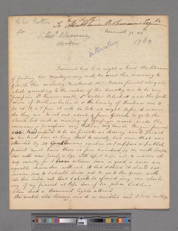 Montagu, Elizabeth (Robinson). Letter to Matthew Robinson