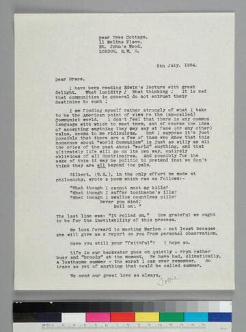 Playwright Harold Marsh Harwood writes to his friend Grace Hubble