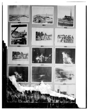 This is a multi-image negative that depicts construction of Long Beach Steam Plant, company picnics, night images, and Kern River #1. Undamaged images included on the plate are copies of original negatives: 02 - 00460; 02