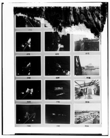 This is a multi-image negative that depicts construction of Long Beach Steam Plant and night lighting in the city. Undamaged images included on the plate are copies of original negatives: 02 - 00491; 02
