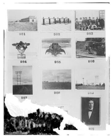 This is a multi-image negative that depicts group shots, substations, a seal skull, and transmission towers. Undamaged images included on the plate are copies of original negatives: 02 - 00981; 02