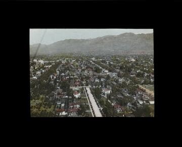 Aerial view looking north toward the mountains, Pasadena