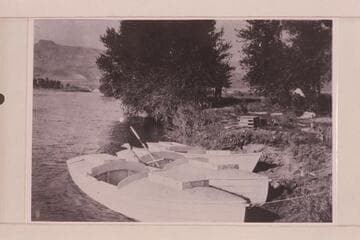 Boats of the Geological Survery party. The "Wyoming" and "Utah" had crowned decks. The "Colorado" had a flat deck. Lint was the oarsman of the "Colorado," and Clogston was his passenger