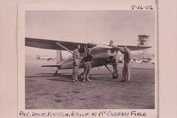 Pat Reilly, Dock Marston, Martin Litton and Brick Mortenson; McCarron Field, Las Vegas. After flight over Grand Canyon
