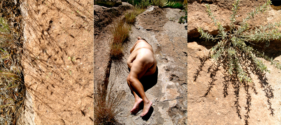 A composition of three individual photos of a desert floor where middle photo has a naked and obese Latino laying on their side.