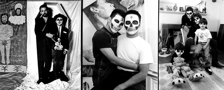 Composition of three photos featuring family as they celebrate the Day of the Dead