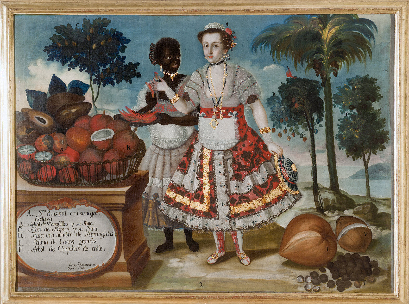 Painting of a woman with her Black slave next to giant tropical fruits.