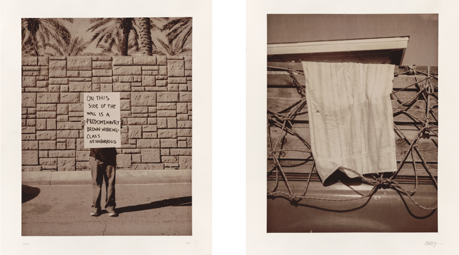 Two photos: On the left, a person holds a sign reading “On this side of the wall is a predominantly brown working-class neighborhood.” On the right is a still life of a wall with a rope net and a towel.