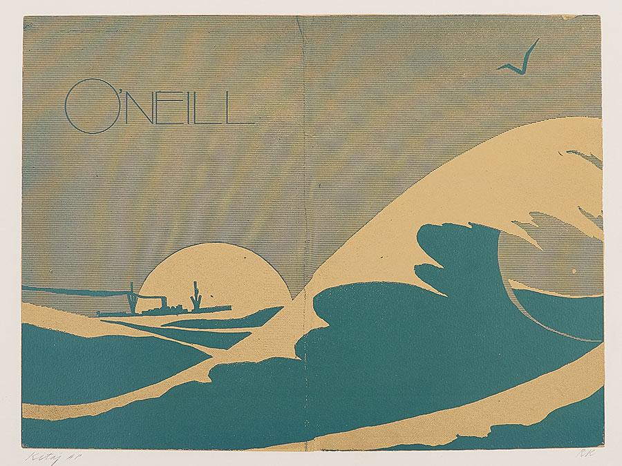 Blue-and-white screen print with a stylized wave, sun, and the text “O’Neill.”