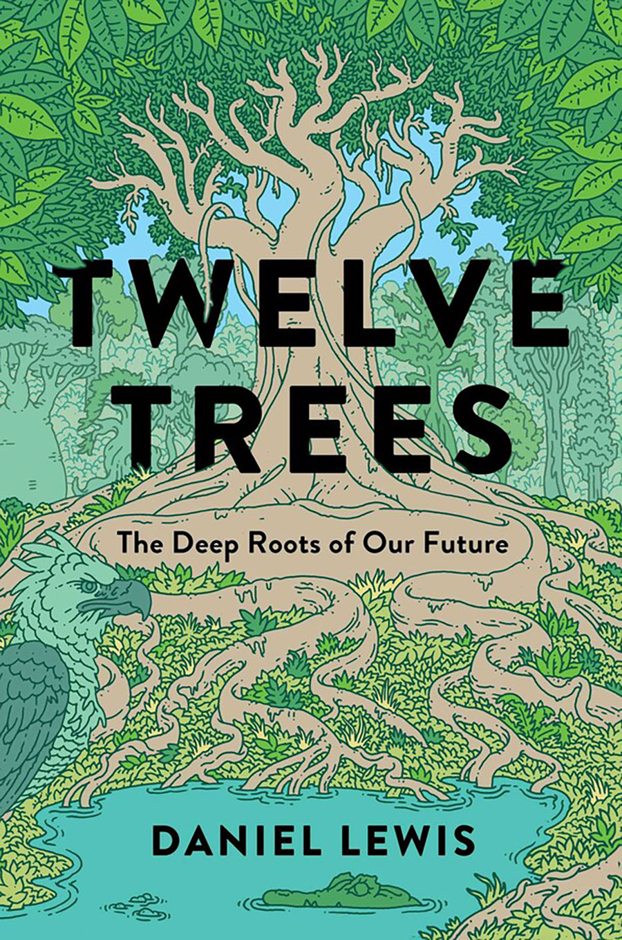 Book cover with the title in the center and a drawing of a tree with many roots, a large bird, and a crocodile.