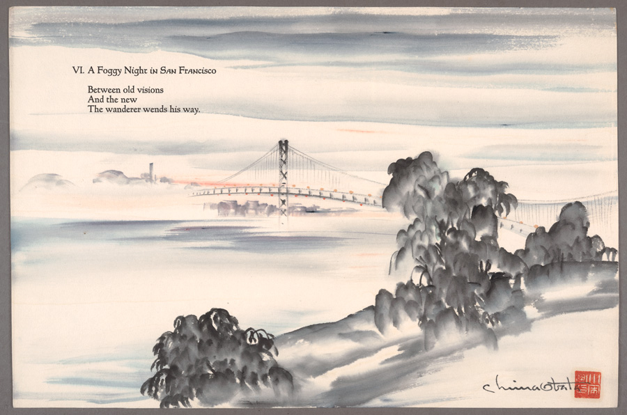 Chiura Obata, “VI. A Foggy Night in San Francisco” in From the Sierra to the Sea, 11 original brush drawings of California subjects . . . each accompanied by a translation from the artist’s poetry (Berkeley: Archetyne Press, 1937). The Huntington Library, Art Museum, and Botanical Gardens.