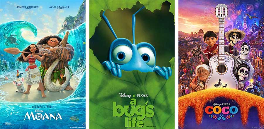 Movie posters for Moana, A Bug's Life, and Coco