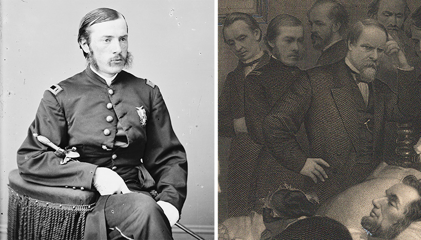 This portrait of Dr. Charles A. Leale (left), dating from 1860-70, was the model for his image in The Last Hours of Abraham Lincoln (detail shown at right). He is standing between two other doctors in the background. From left to right, they are Dr. George B. Todd, Dr. Leale, and Dr. Charles S. Taft.