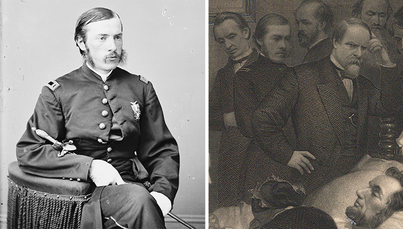 This portrait of Dr. Charles A. Leale (left), dating from 1860-70, was the model for his image in The Last Hours of Abraham Lincoln (detail shown at right). He is standing between two other doctors in the background. From left to right, they are Dr. George B. Todd, Dr. Leale, and Dr. Charles S. Taft. This portrait of Dr. Charles A. Leale (left), dating from 1860-70, was the model for his image in The Last Hours of Abraham Lincoln (detail shown at right). He is standing between two other doctors in the background. From left to right, they are Dr. George B. Todd, Dr. Leale, and Dr. Charles S. Taft.
