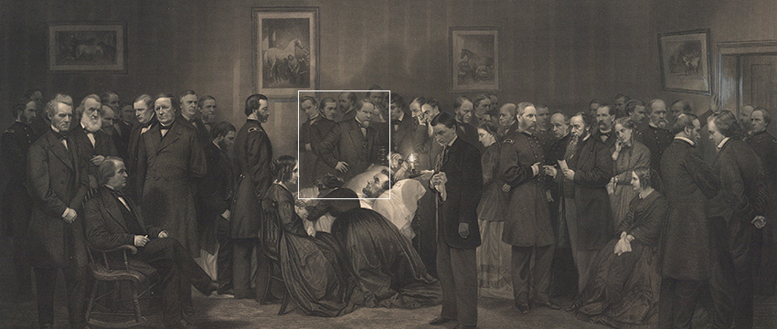 In The Last Hours of Abraham Lincoln, artistic license allows artist John B. Bachelder to depict all 47 people who visited the dying president over the course of the night in one fantastical scene.