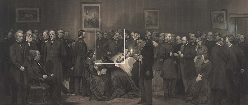 In The Last Hours of Abraham Lincoln, artistic license allows artist John B. Bachelder to depict all 47 people who visited the dying president over the course of the night in one fantastical scene. In The Last Hours of Abraham Lincoln, artistic license allows artist John B. Bachelder to depict all 47 people who visited the dying president over the course of the night in one fantastical scene.
